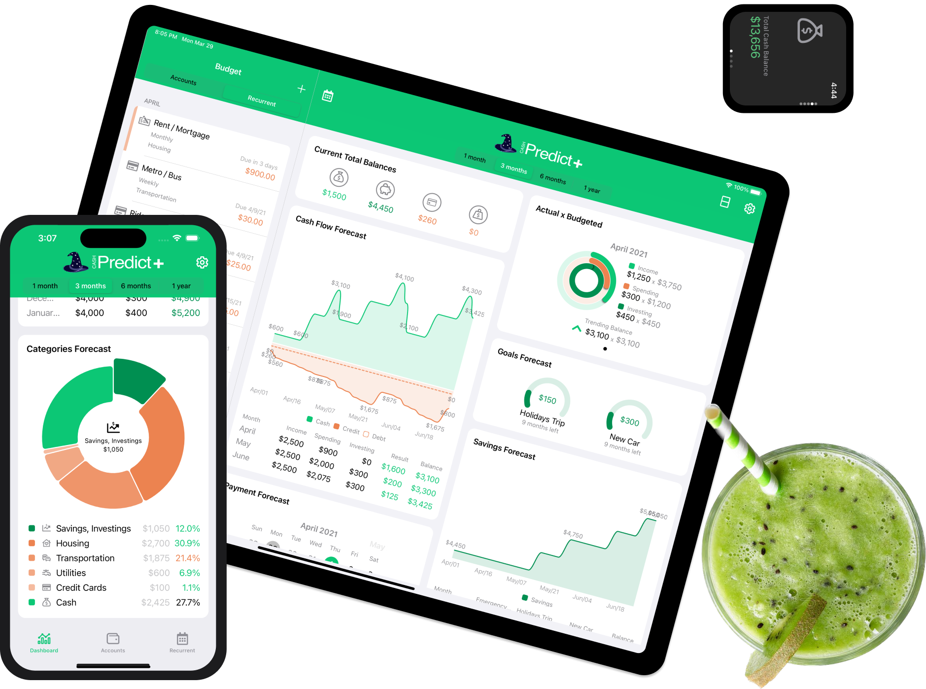 Cash Predict personal finance app screenshots on multiple Apple devices - iPhone, iPad, Mac, Apple Watch